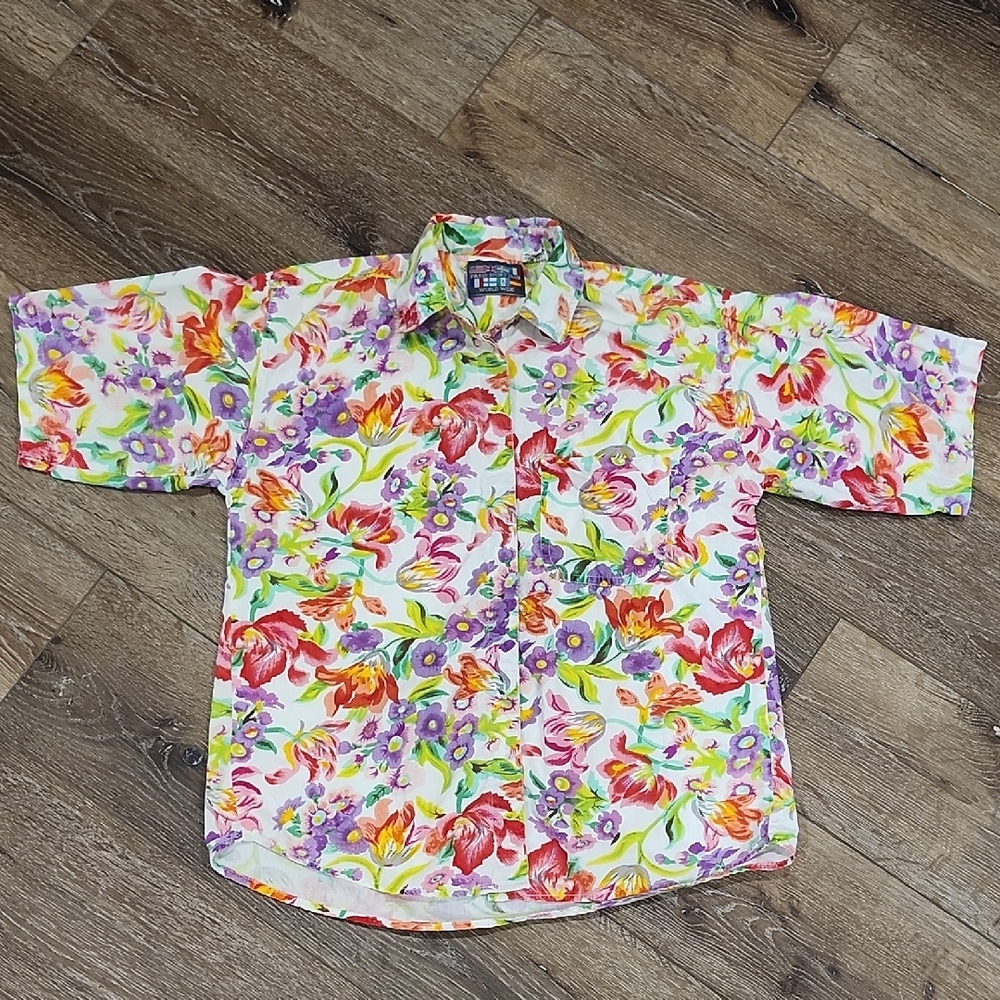 Paris Sport Club Vintage Vibrant Floral Multicolor Button Shirt Down 100% Cotton